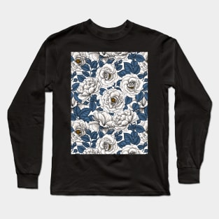 White roses with blue leaves on white Long Sleeve T-Shirt